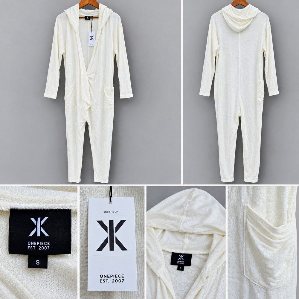 NWT Onepiece Bamboo Hooded Jumpsuit Womens White Size S Pockets No Belt LS